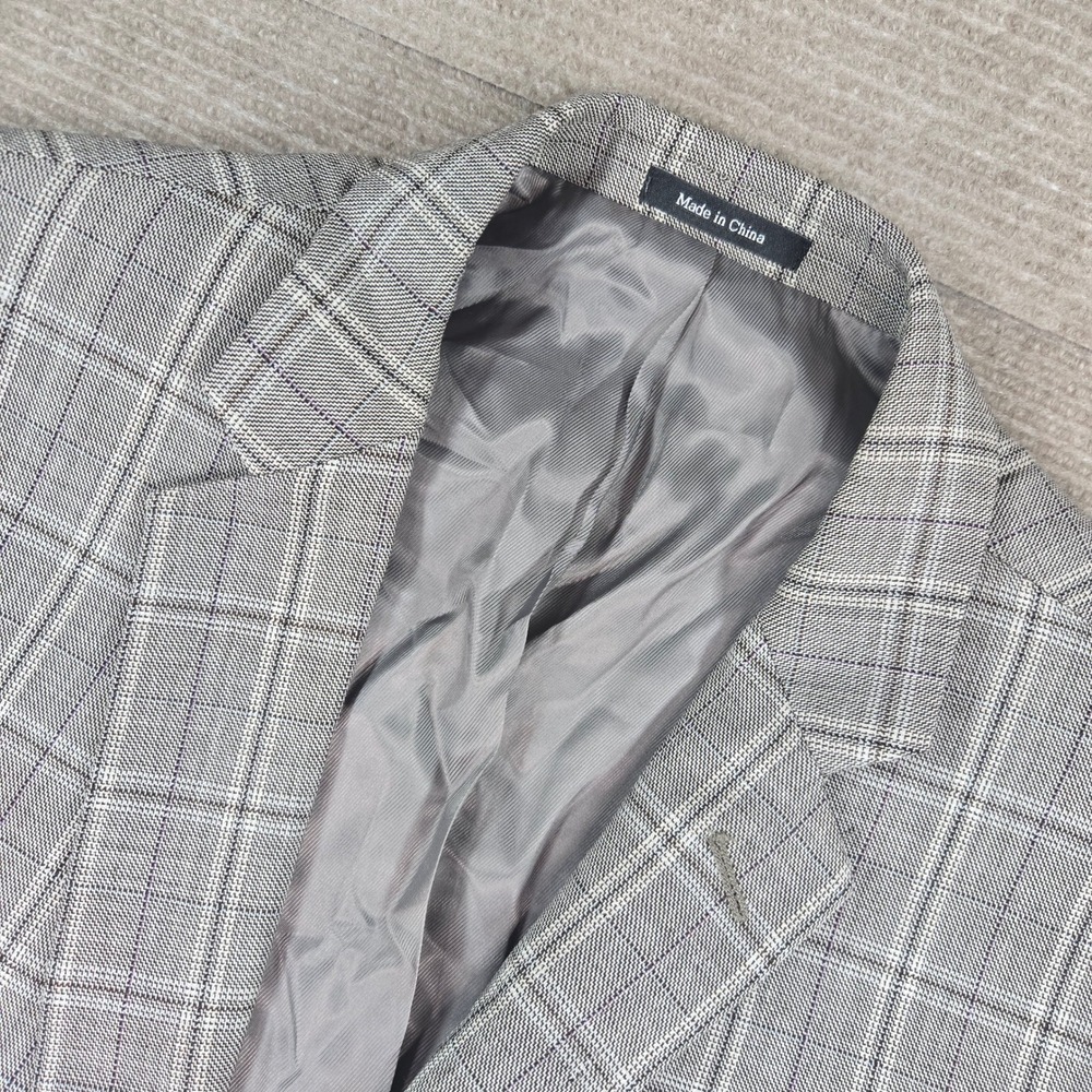 Egara Mens 46 Long Grey Plaid 100% Wool Slim Fit Double Vent Blazer Suit Jacket